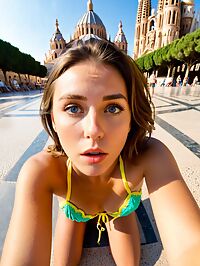 Girl in yellow lingerie poses near Barcelona's Basilica de la Sagrada Familia