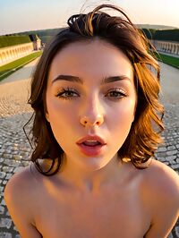 Golden hour at Versailles A brunette maiden with messy hair bends backward